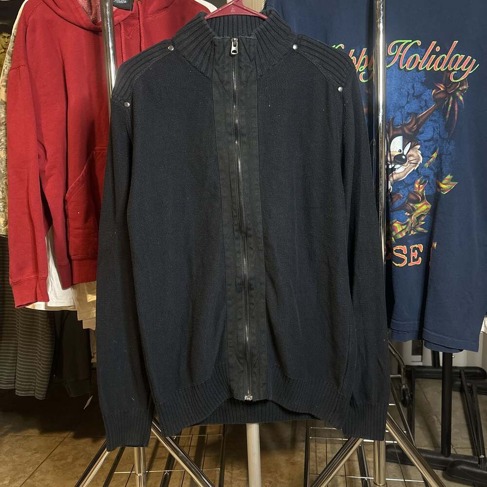 Structure Black Full-Zip Knit Cardigan Sweater with Shoulder Details